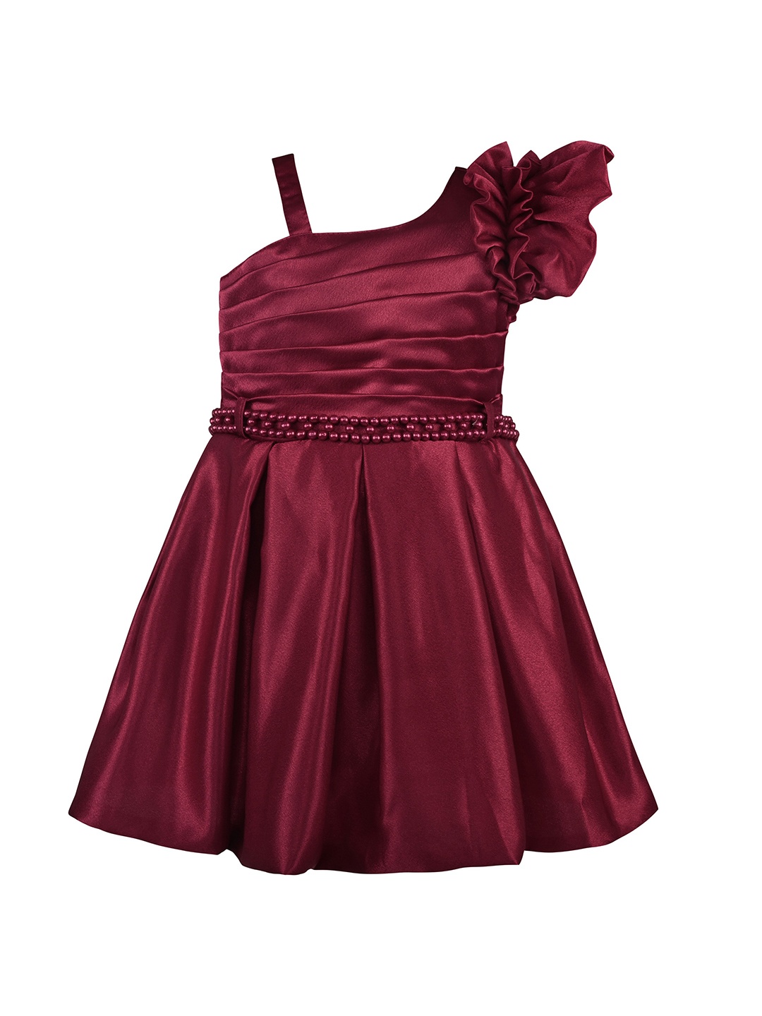 

Wish Karo Girls Sequined One Shoulder Satin Fit & Flare Dress With Belt, Maroon