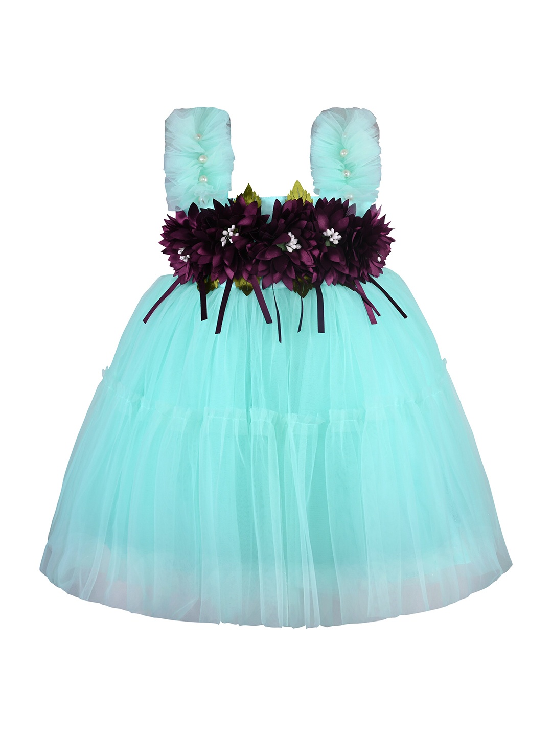 

Wish Karo Girls Gathered Shoulder Straps Net A-Line Dress, Sea green
