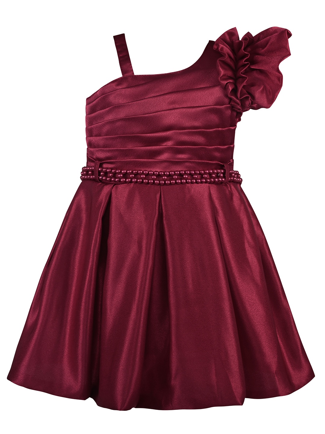 

Wish Karo Girls Asymmetric Neck Pleated & Ruffled Satin Fit & Flare Dress, Maroon