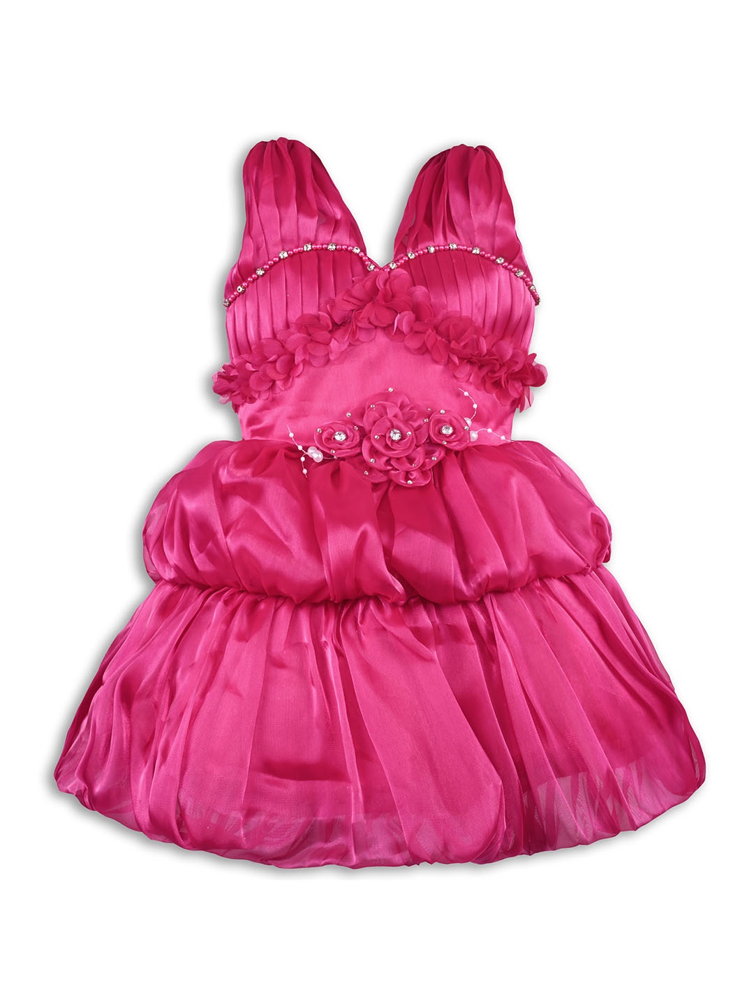 

Wish Karo Girls V-Neck Applique & Embellished Tulle Satin Fit & Flare Dress, Pink