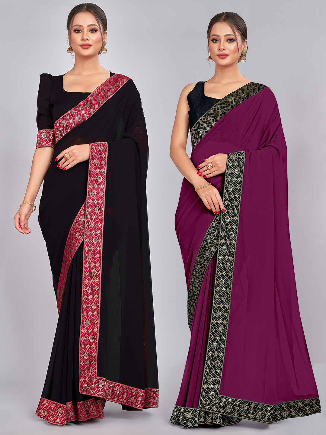 

CastilloFab Selection Of 2 Ethnic Pure Georgette Sarees, Black