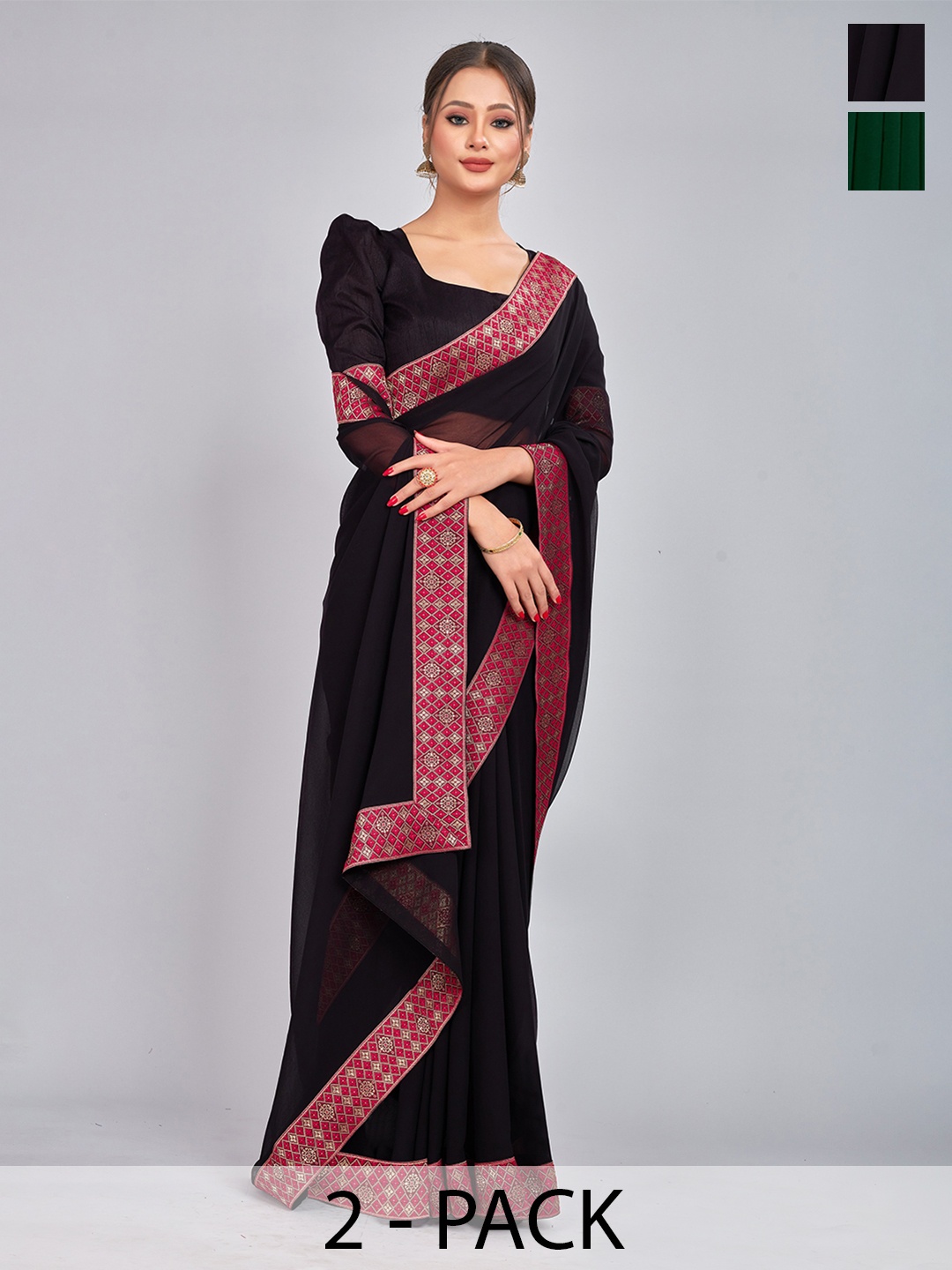 

CastilloFab Selection of 2 Zari Pure Georgette Saree, Green