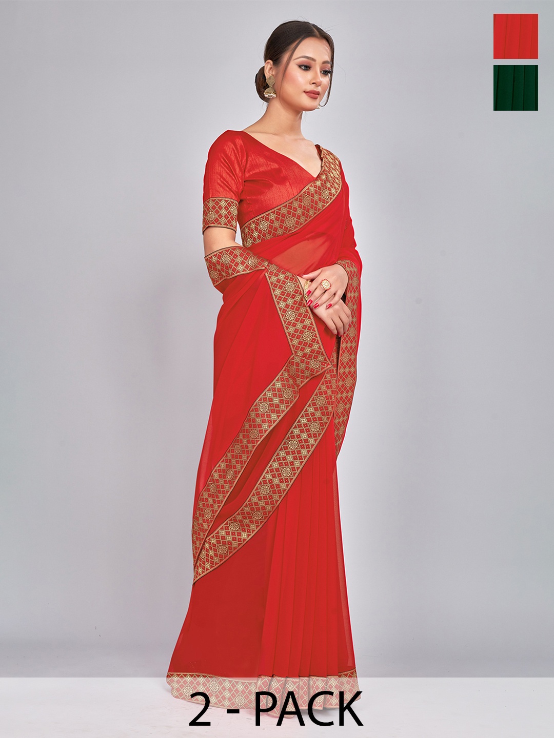 

CastilloFab Selection Of 2 Pure Georgette Saree, Green