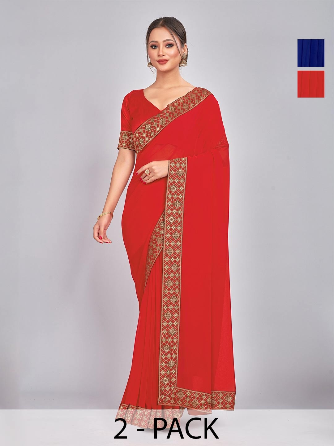 

CastilloFab Selection of 2 Zari Pure Georgette Saree, Blue