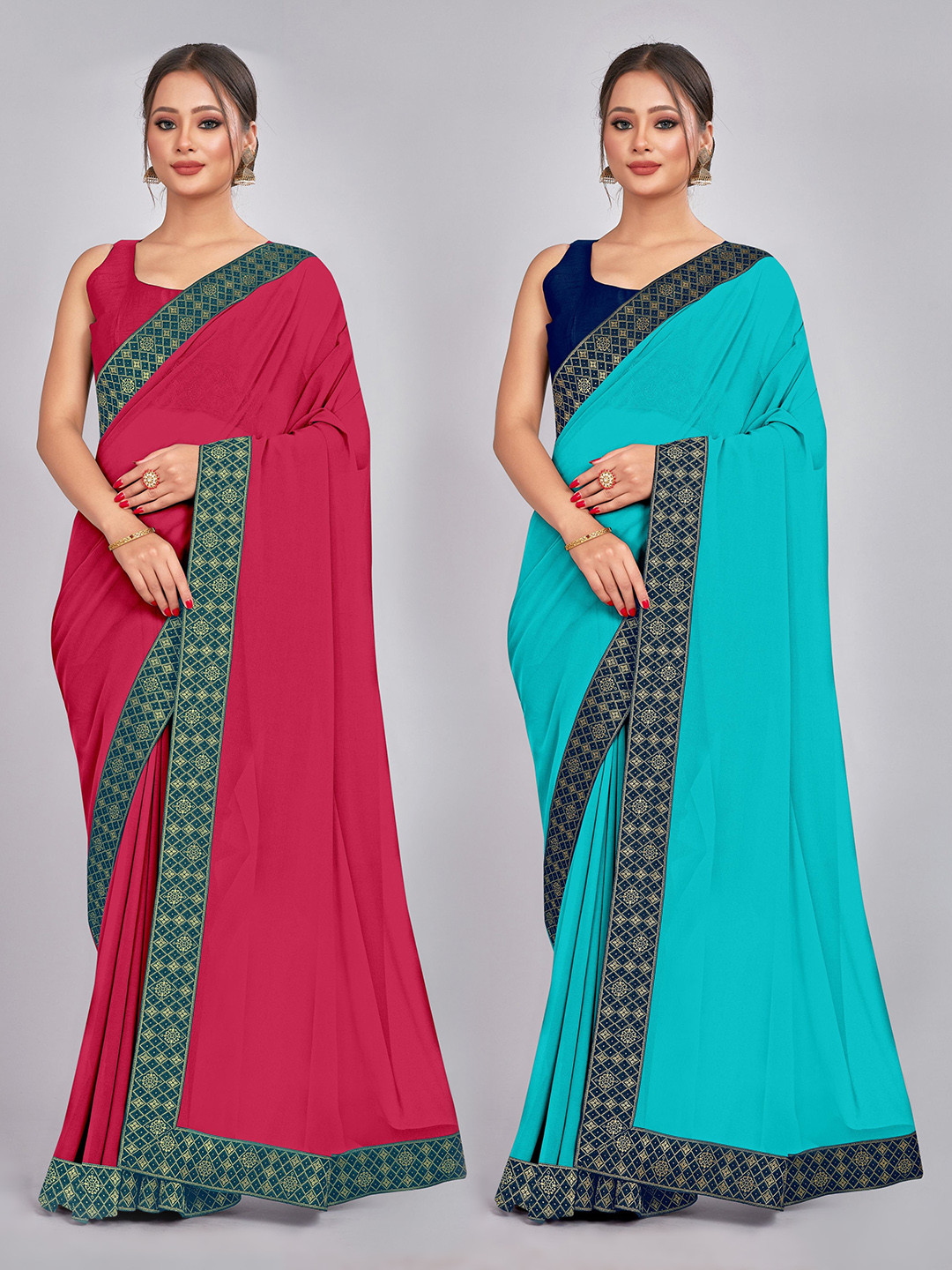 

CastilloFab Selection of 2 Zari Pure Georgette Saree, Rose