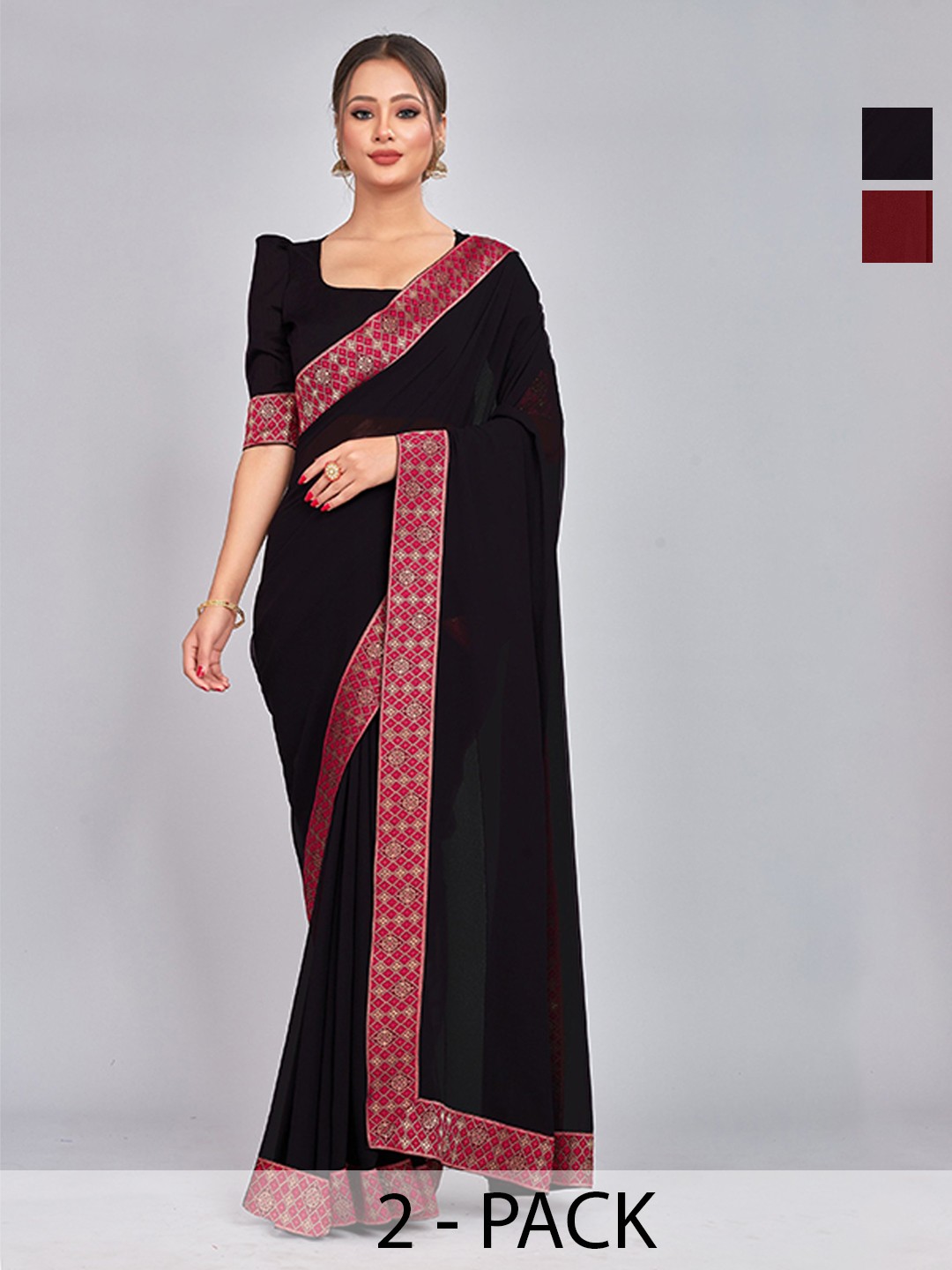 

CastilloFab Selection Of 2 Ethnic Pure Georgette Sarees, Black