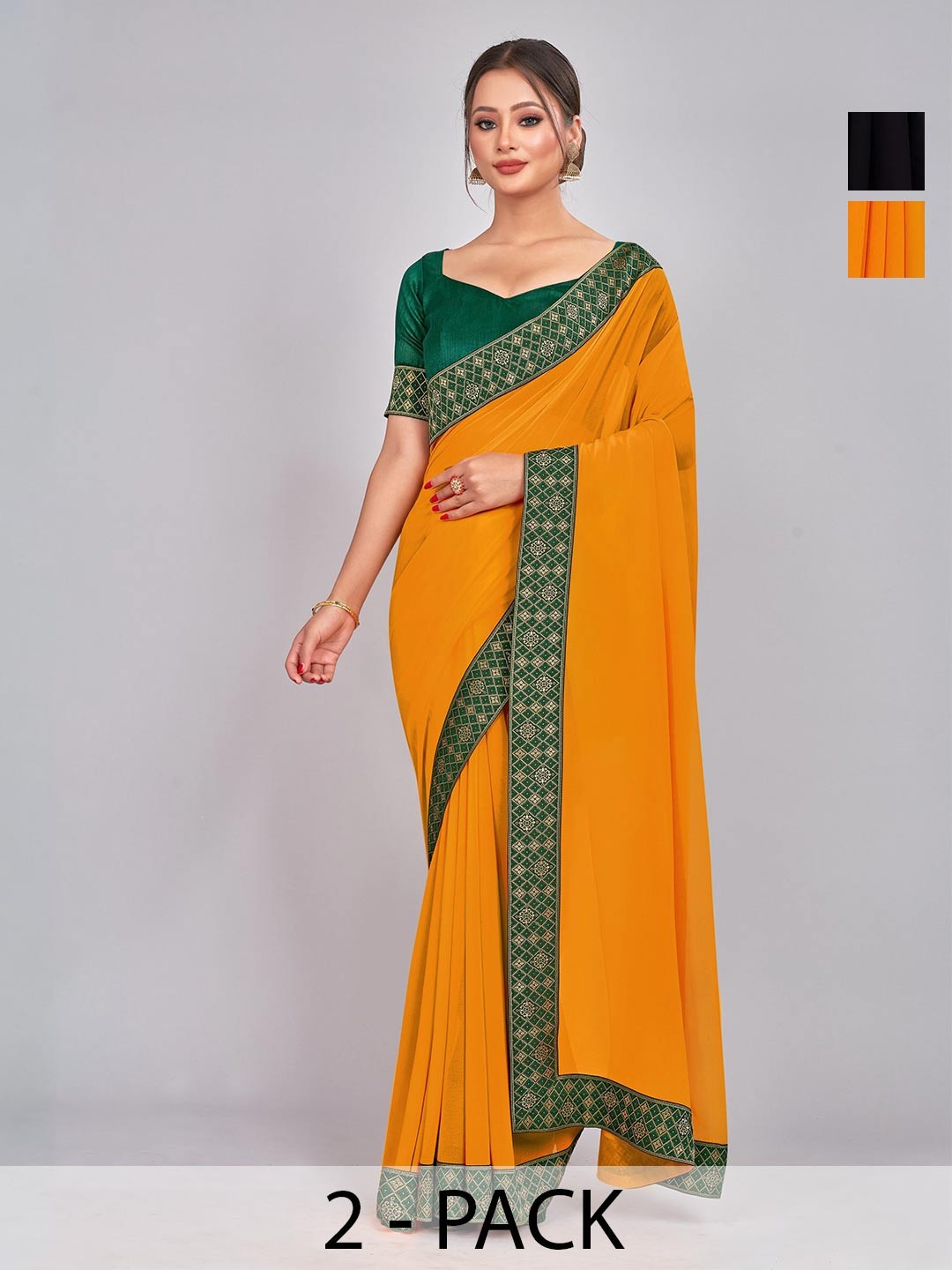 

CastilloFab Selection of 2 Zari Pure Georgette Saree, Black