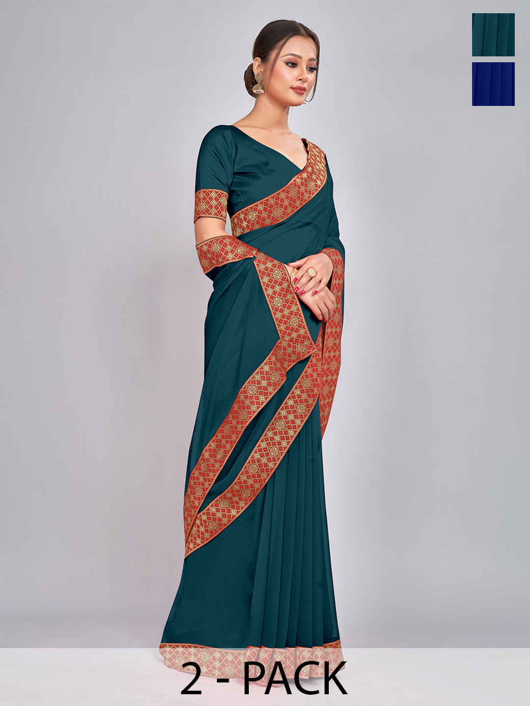 

CastilloFab Selection of 2 Zari Pure Georgette Saree, Blue