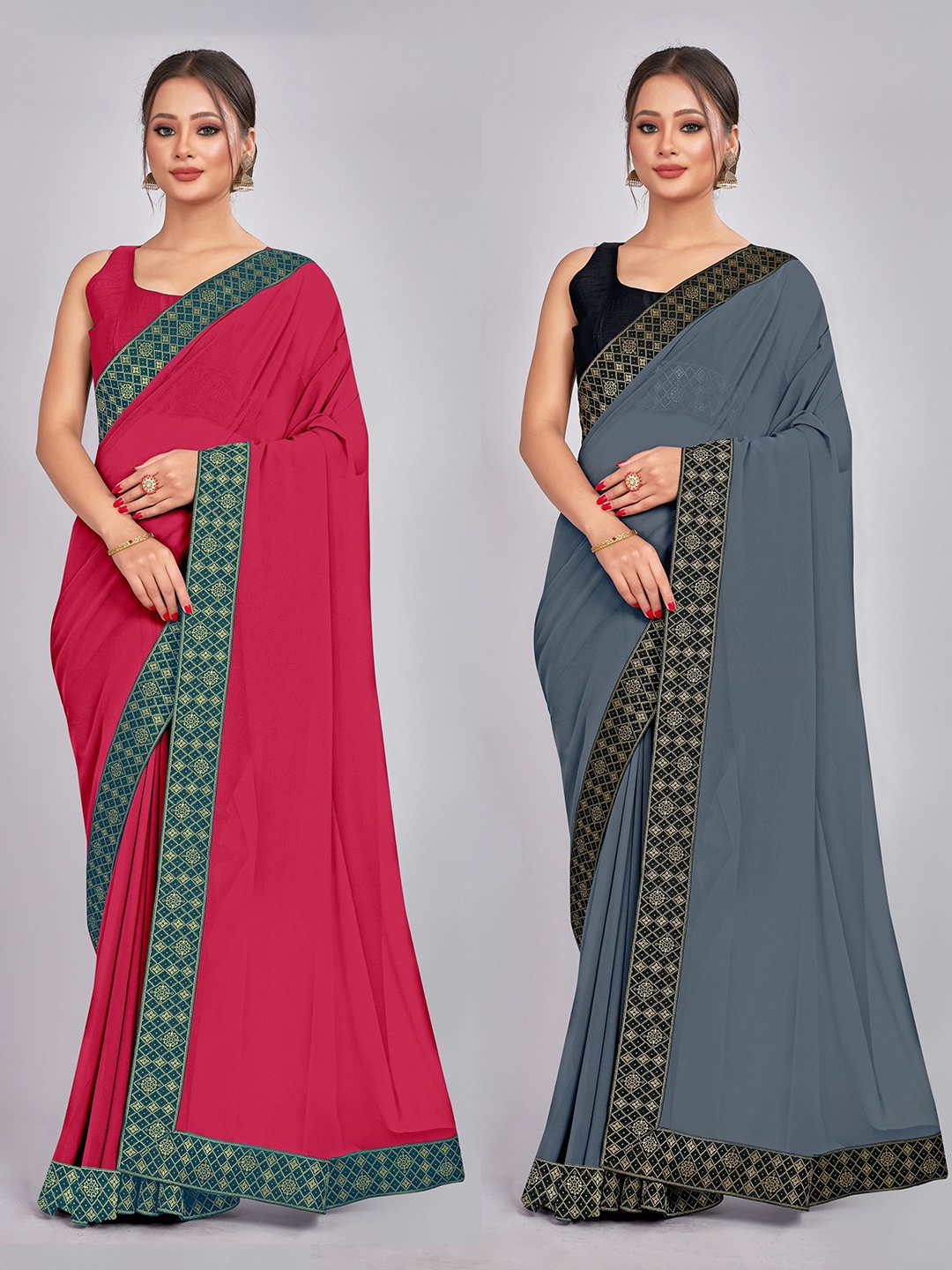 

CastilloFab Selection of 2 Zari Pure Georgette Saree, Rose