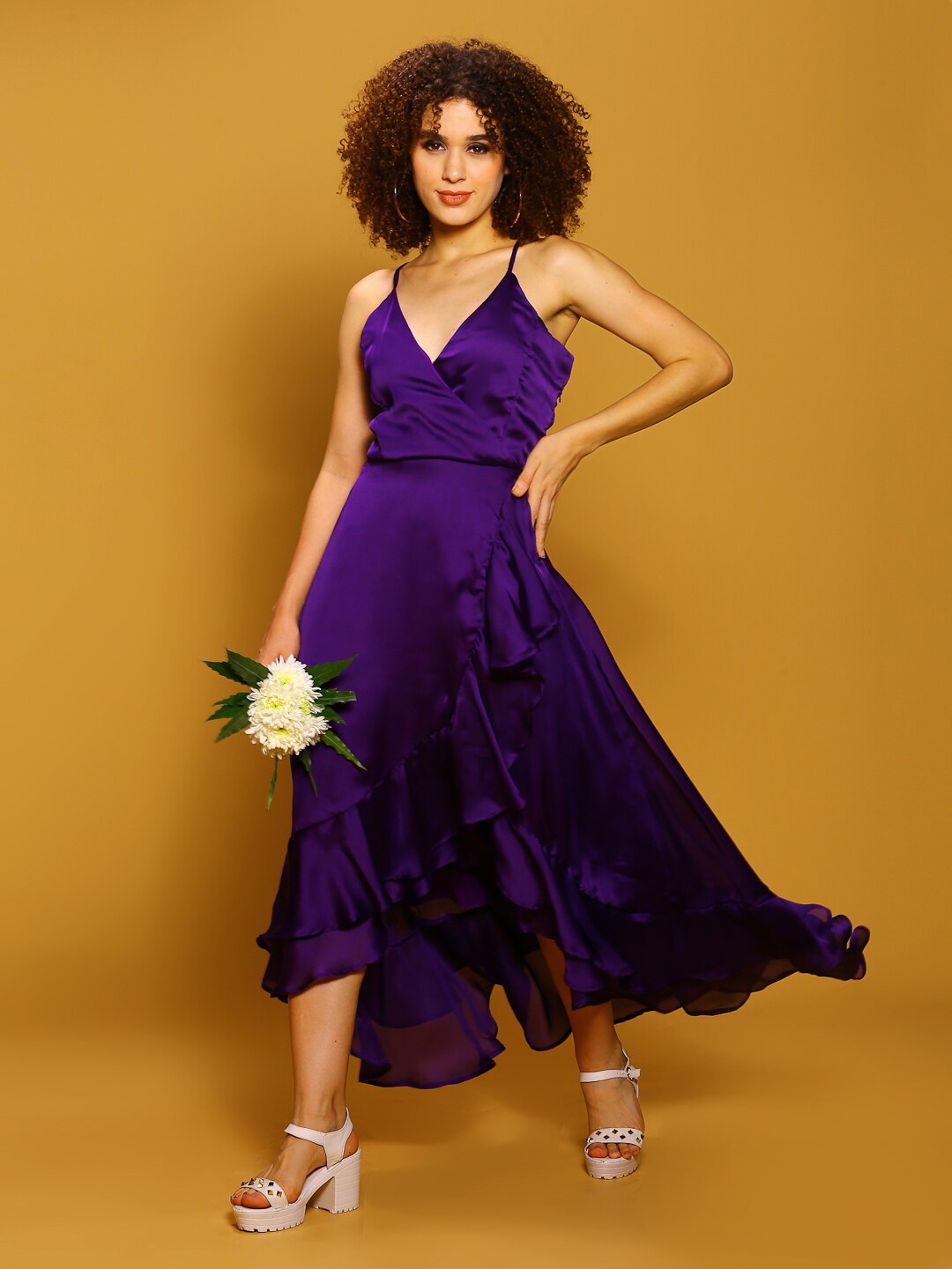 

Sera Women Purple Shoulder Straps Ruffled Satin Fit and Flare Maxi Dress