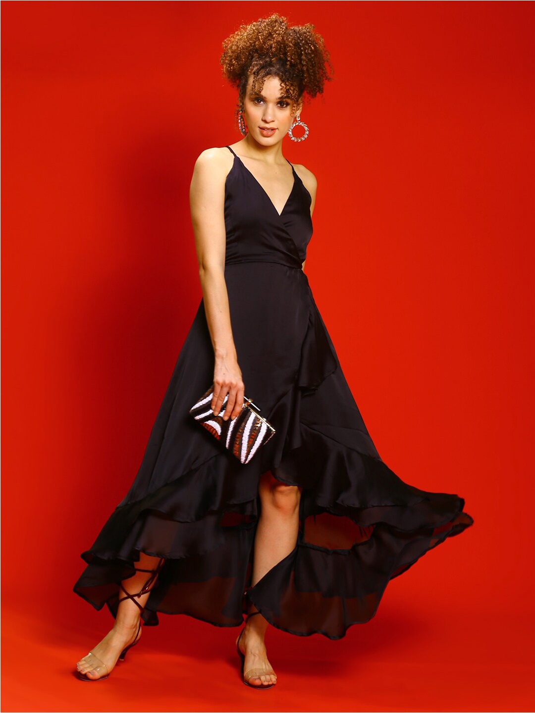 

Sera Women Purple Shoulder Straps Ruffled Satin Fit and Flare Maxi Dress, Black