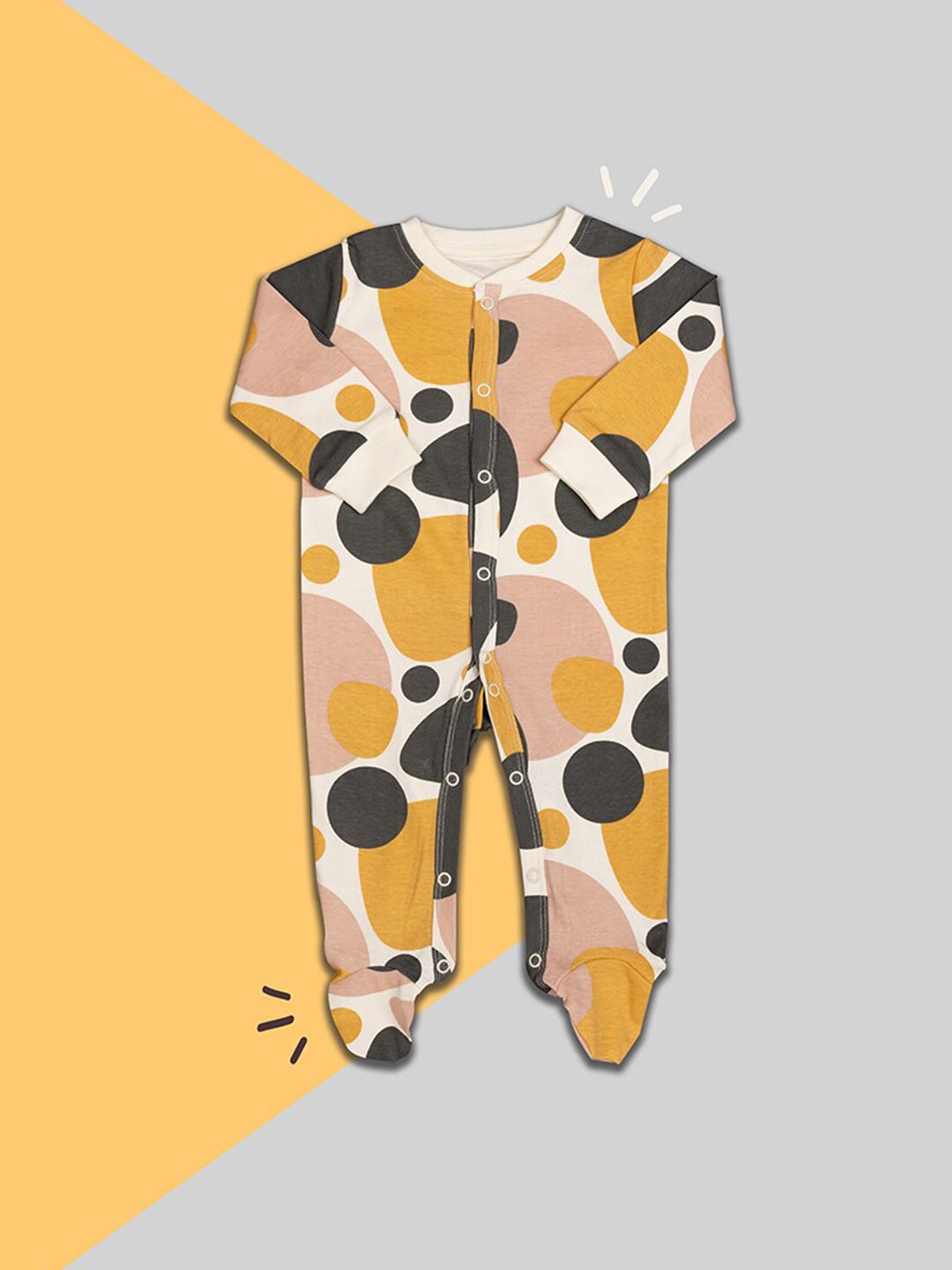

BAESD Infants Geometric Printed Full Sleeves Organic Cotton Sleepsuit, Cream