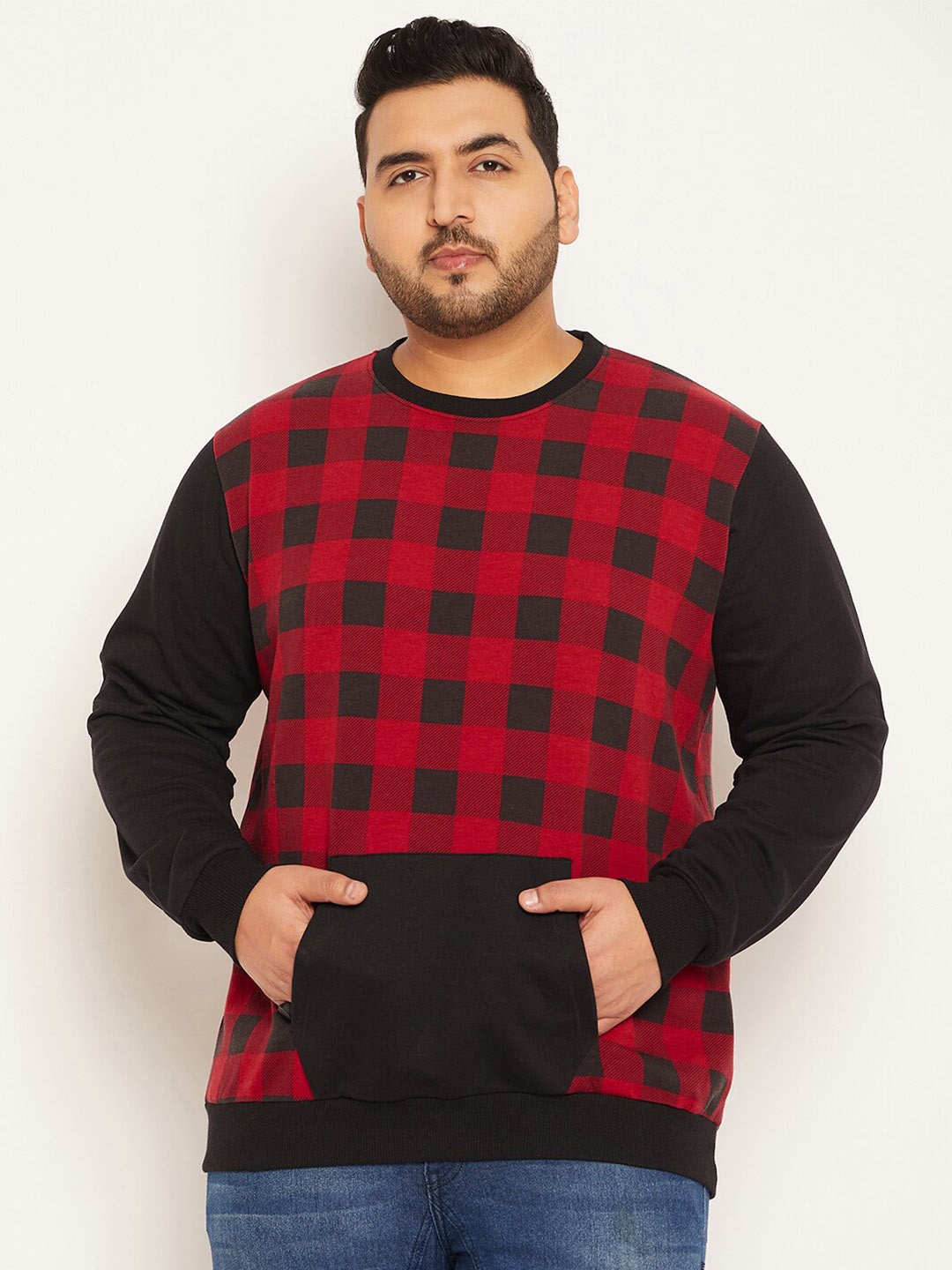 

bigbanana Plus Size Checked Round Neck Cotton Sweatshirt, Red