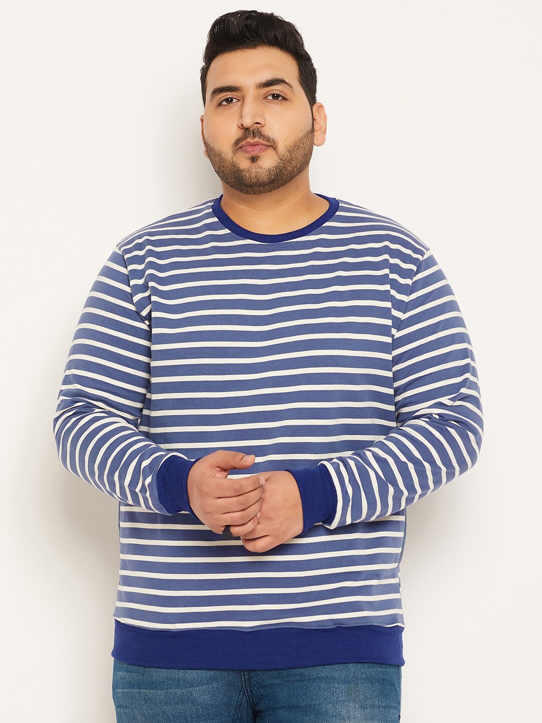 

bigbanana Plus Size Striped Round Neck Cotton Sweatshirt, Blue