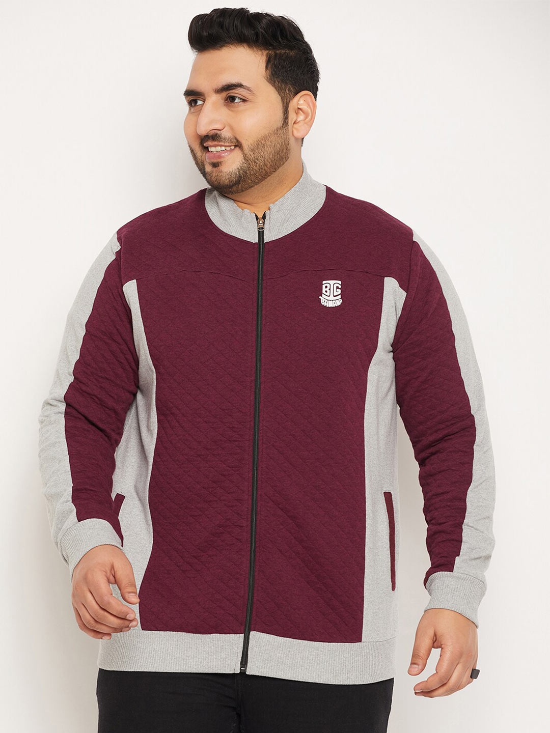 

bigbanana Men Plus Size Front Open Long Sleeves Mock Collar Colourblocked Sweatshirt, Maroon