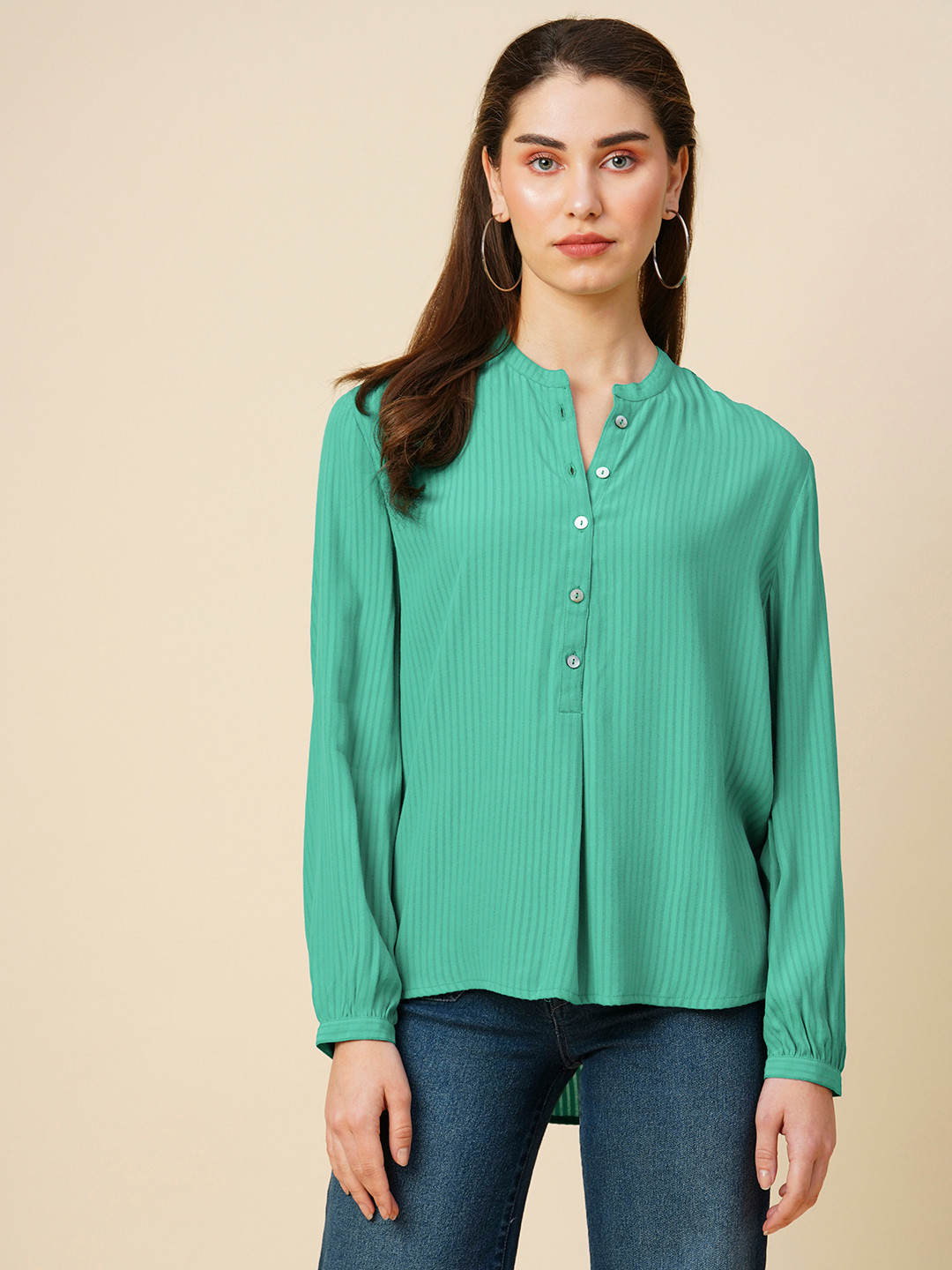 

Chemistry Crepe Striped Mandarin Collar Shirt Style Top, Green