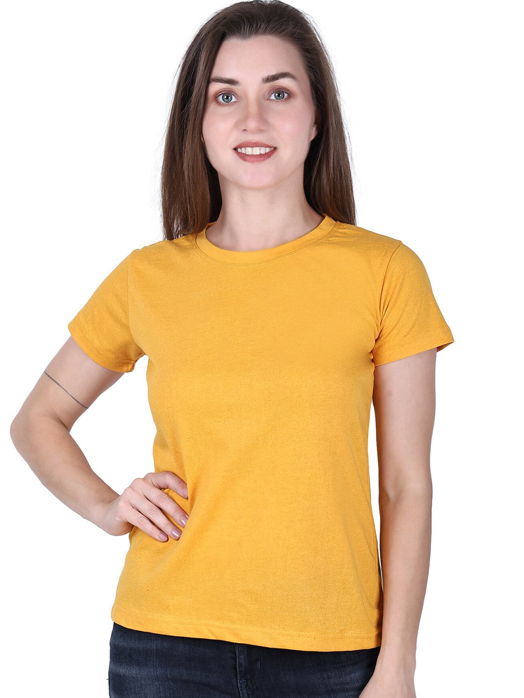 

DADNI FASHION Round Neck Cotton Regular Fit T-shirt, Mustard