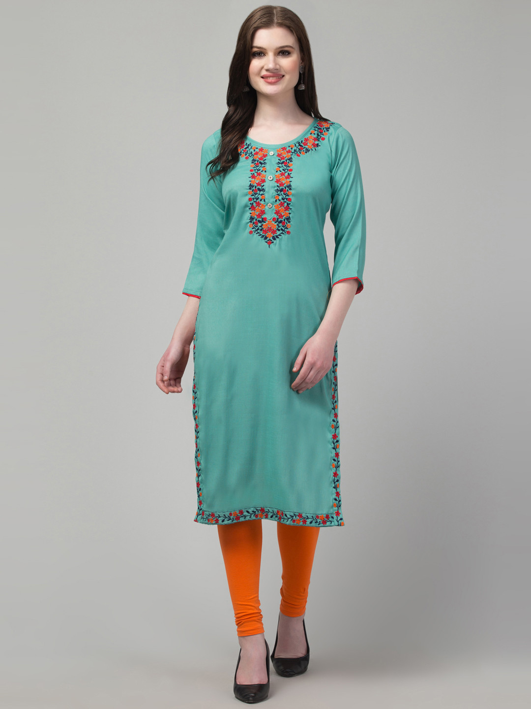

Trend Level Floral Yoke Design Thread Work Kurta, Sea green