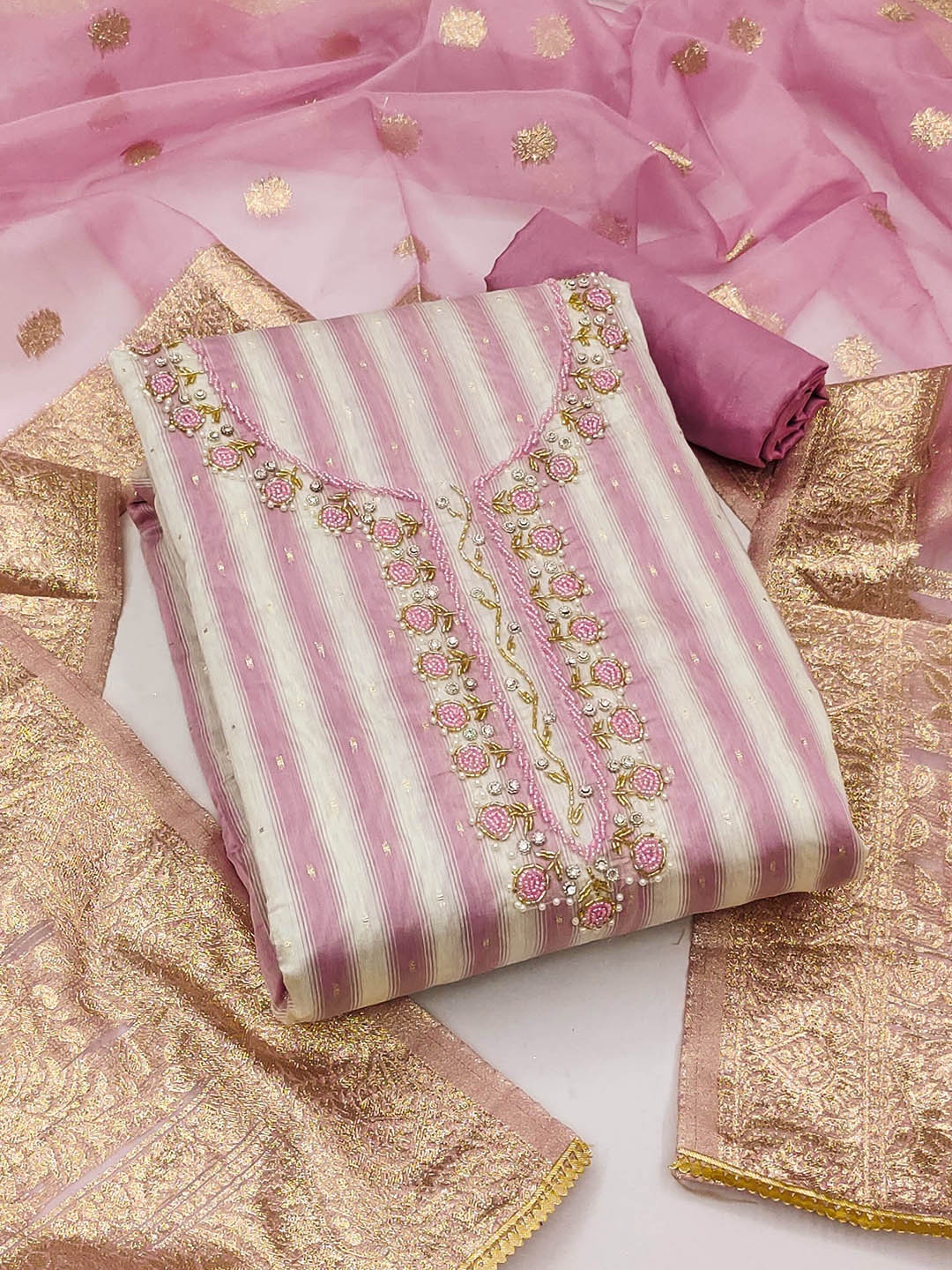 

KALINI Striped Beads And Stones Unstitched Dress Material, Pink