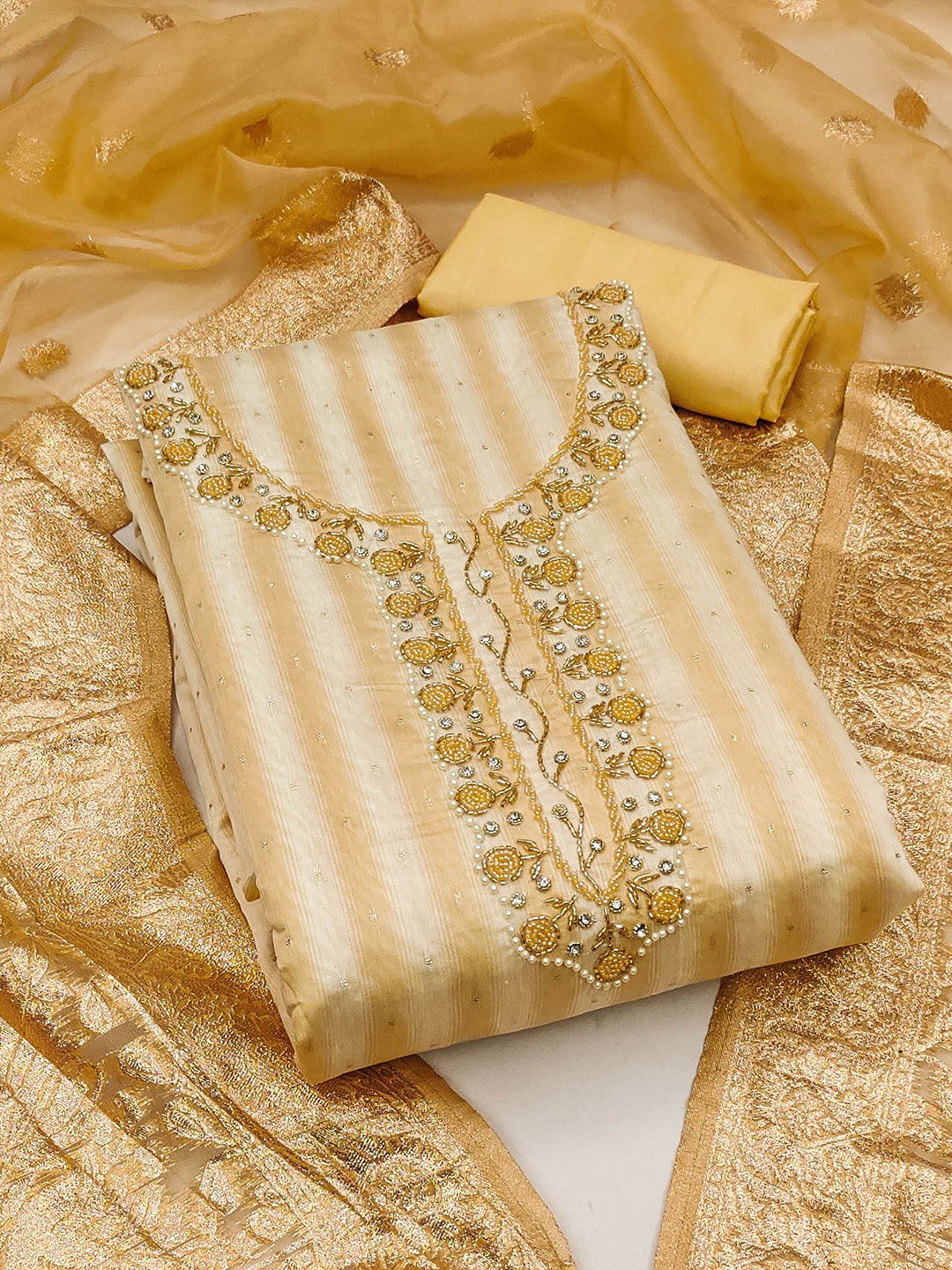 

KALINI Ethnic Motifs Woven Design Beads and Stones Detail Unstitched Dress Material, Yellow