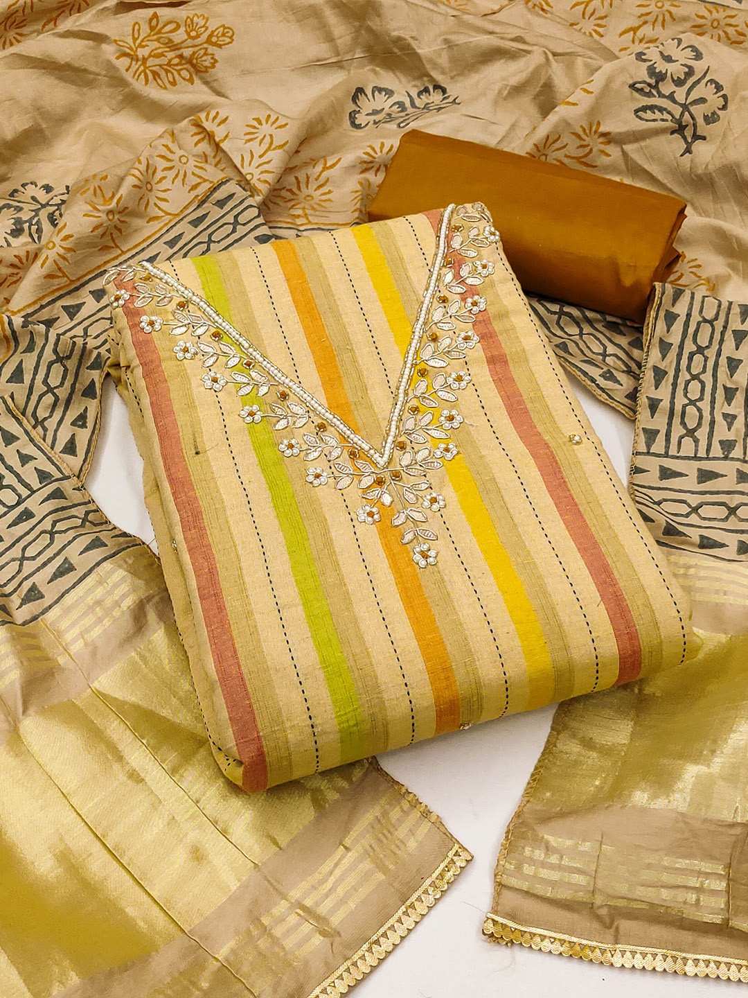 

KALINI Striped Gotta Patti Unstitched Dress Material, Yellow