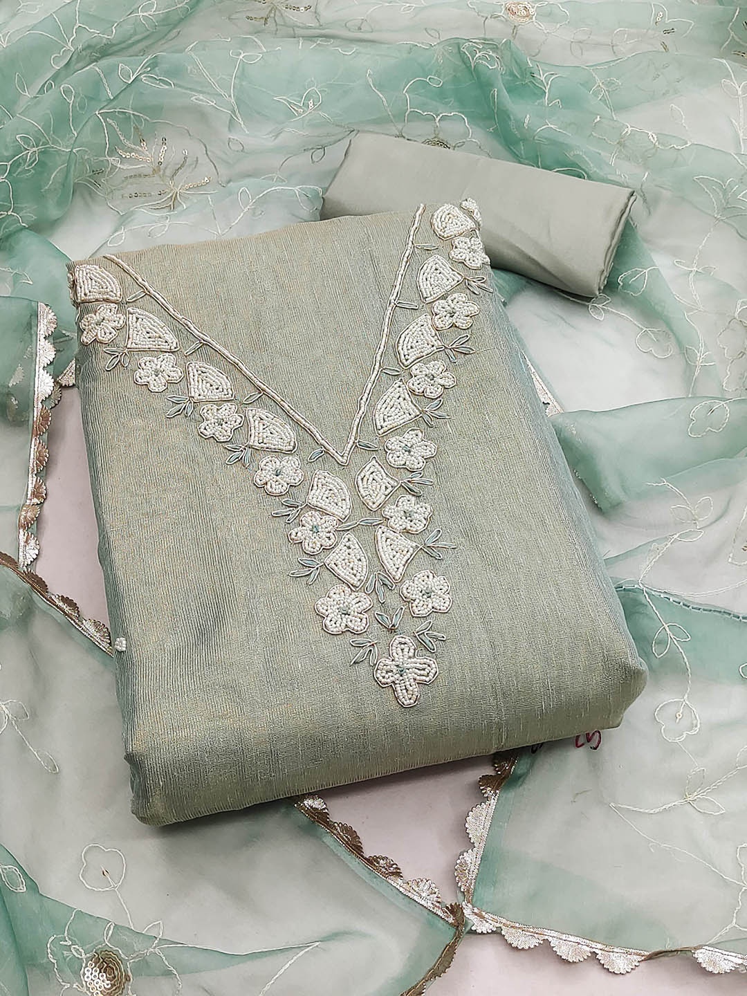 

KALINI Embellished Beads & Stones Cotton Unstitched Dress Material, Green