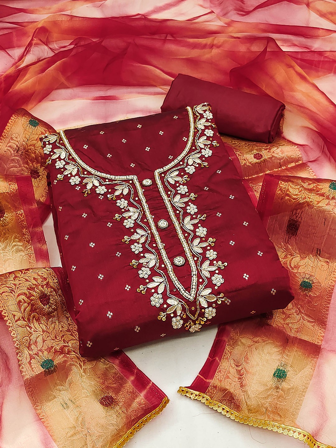 

KALINI Embellished Unstitched Dress Material, Maroon