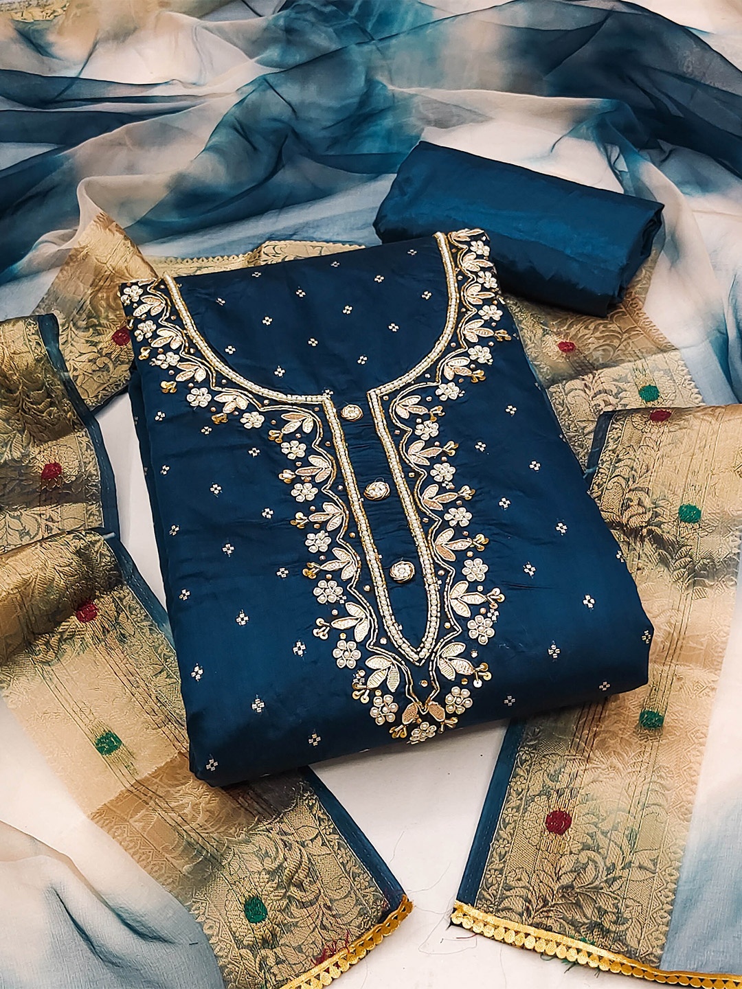 

KALINI Ethnic Motifs Woven Design Beads And Stones Unstitched Dress Material, Navy blue