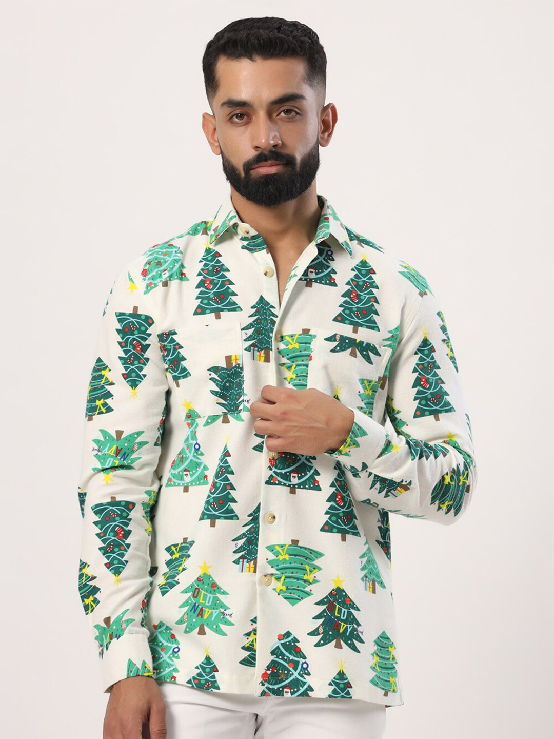 

Tistabene New Chirstmas Tree Printed Flannel Casual Shirt, White