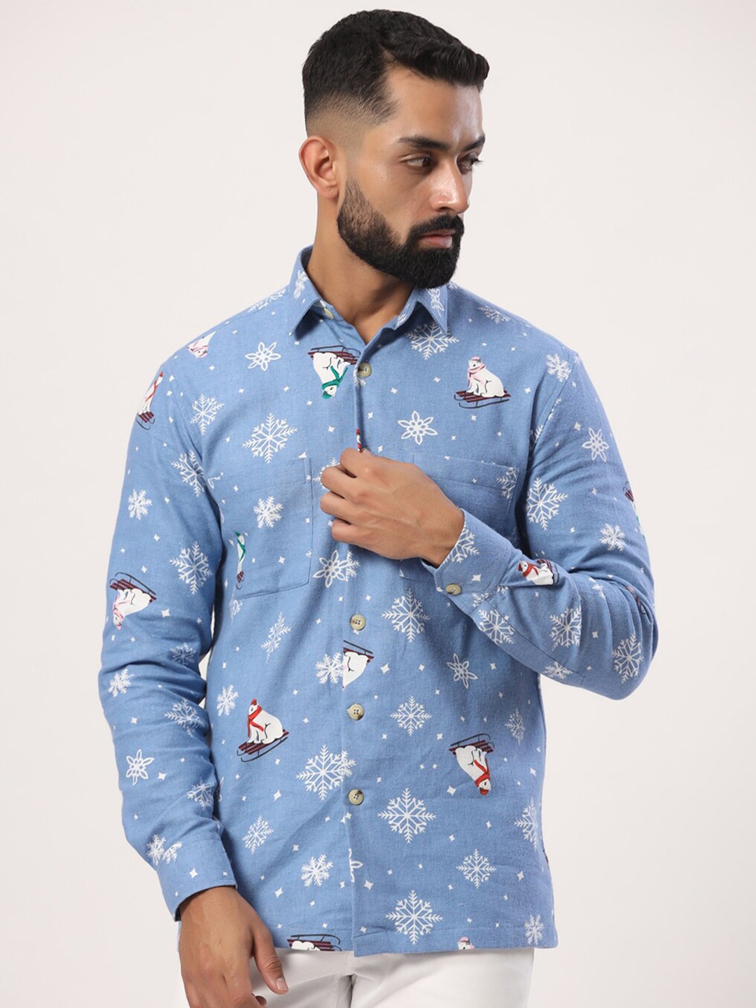 

Tistabene New Snowflakes Printed Flannel Casual Shirt, Blue