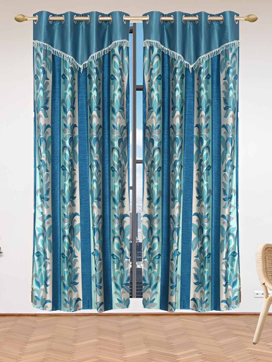 

Stella Creations Blue 2 Pieces Floral Print Room Darkening Door Curtains