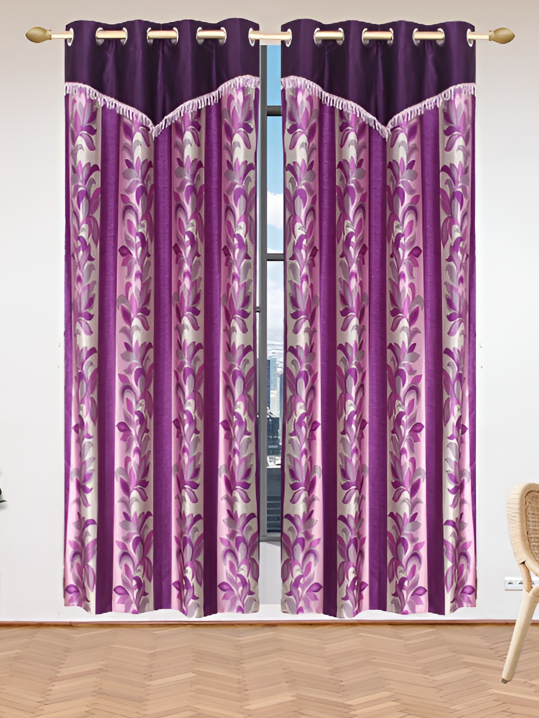 

Stella Creations Purple 2 Pieces Floral Print Room Darkening Long Door Curtains