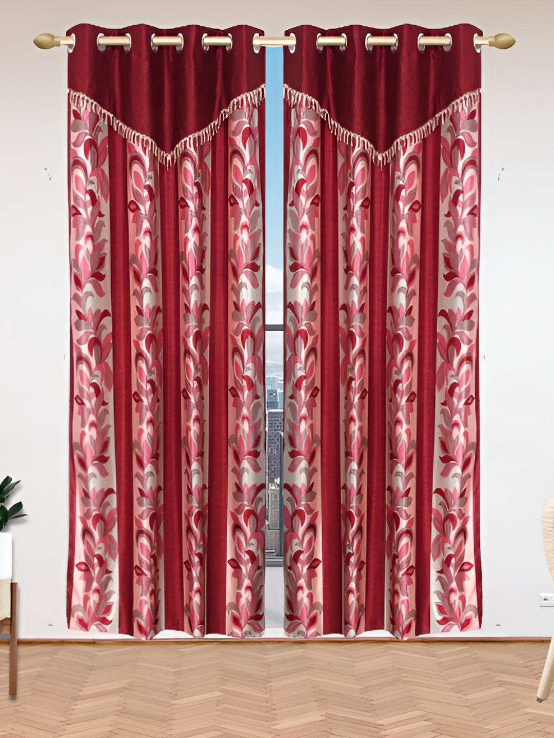 

Stella Creations Maroon 2 Pieces Floral Room Darkening Long Door Curtains
