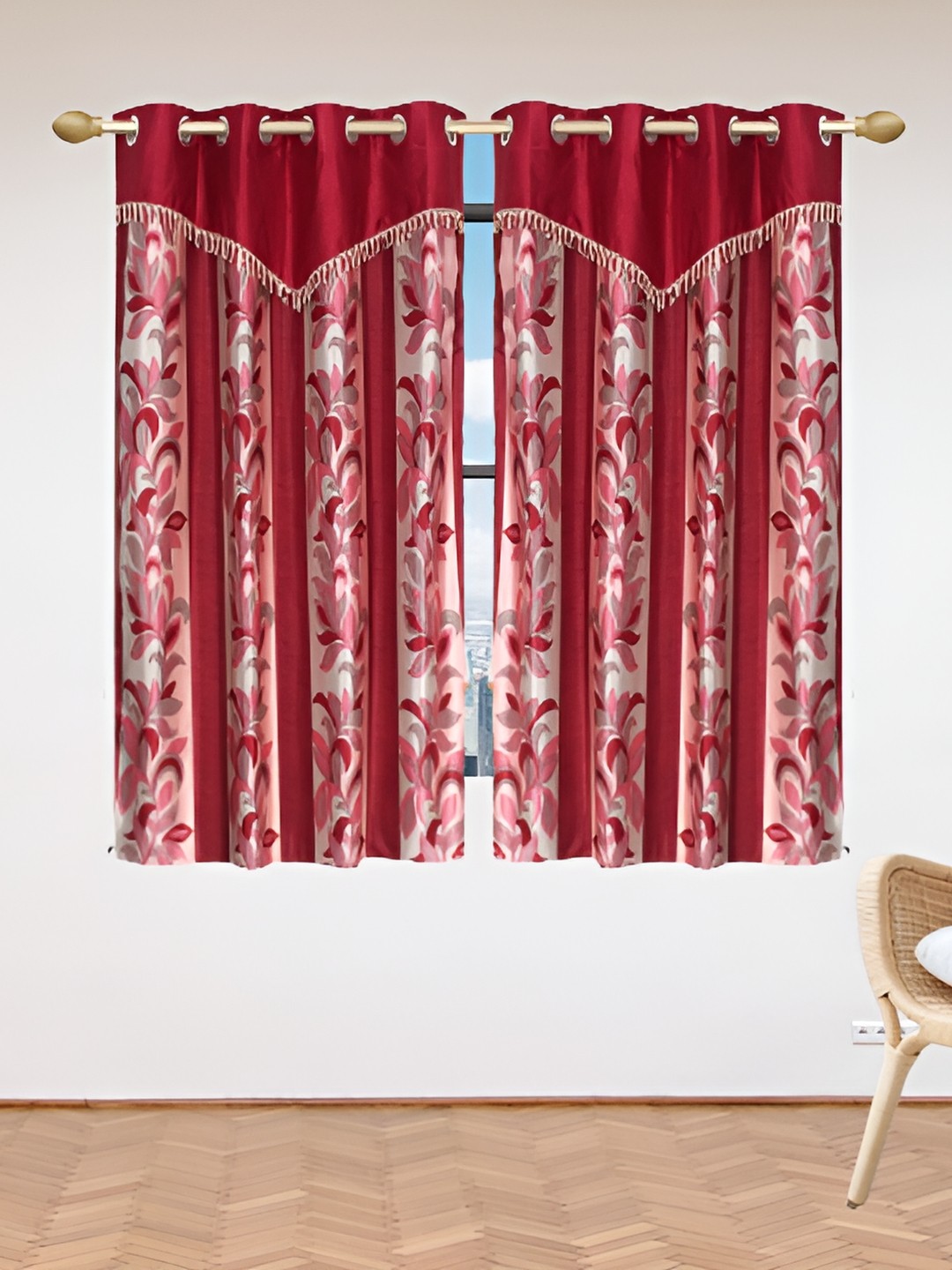 

Stella Creations Maroon 2 Pieces Floral Print Room Darkening Window Curtains