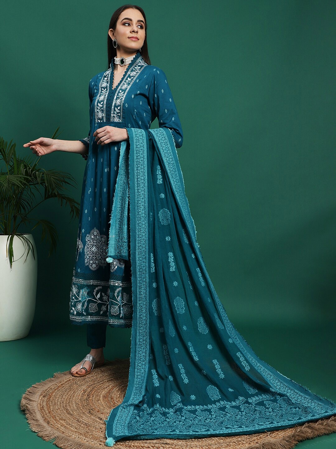 

Sangria Embroidered Anarkali Kurta With Palazzo & Dupatta, Teal