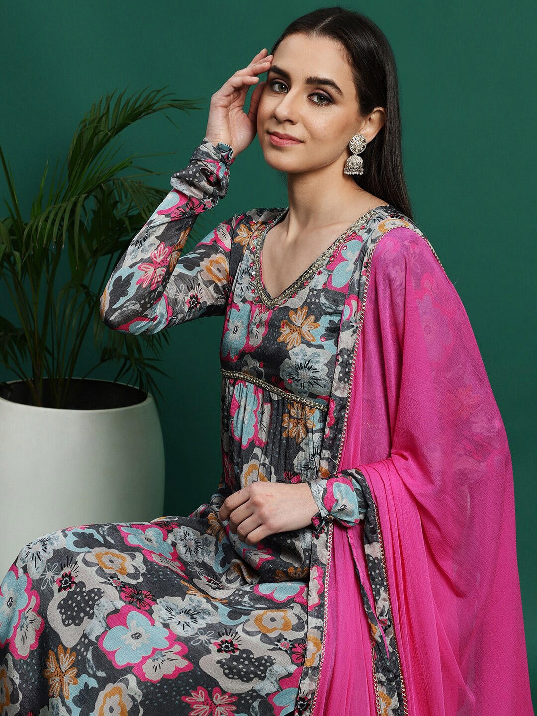 

Sangria Floral Printed Embellished Empire A-Line Kurta With Trousers & Dupatta, Grey