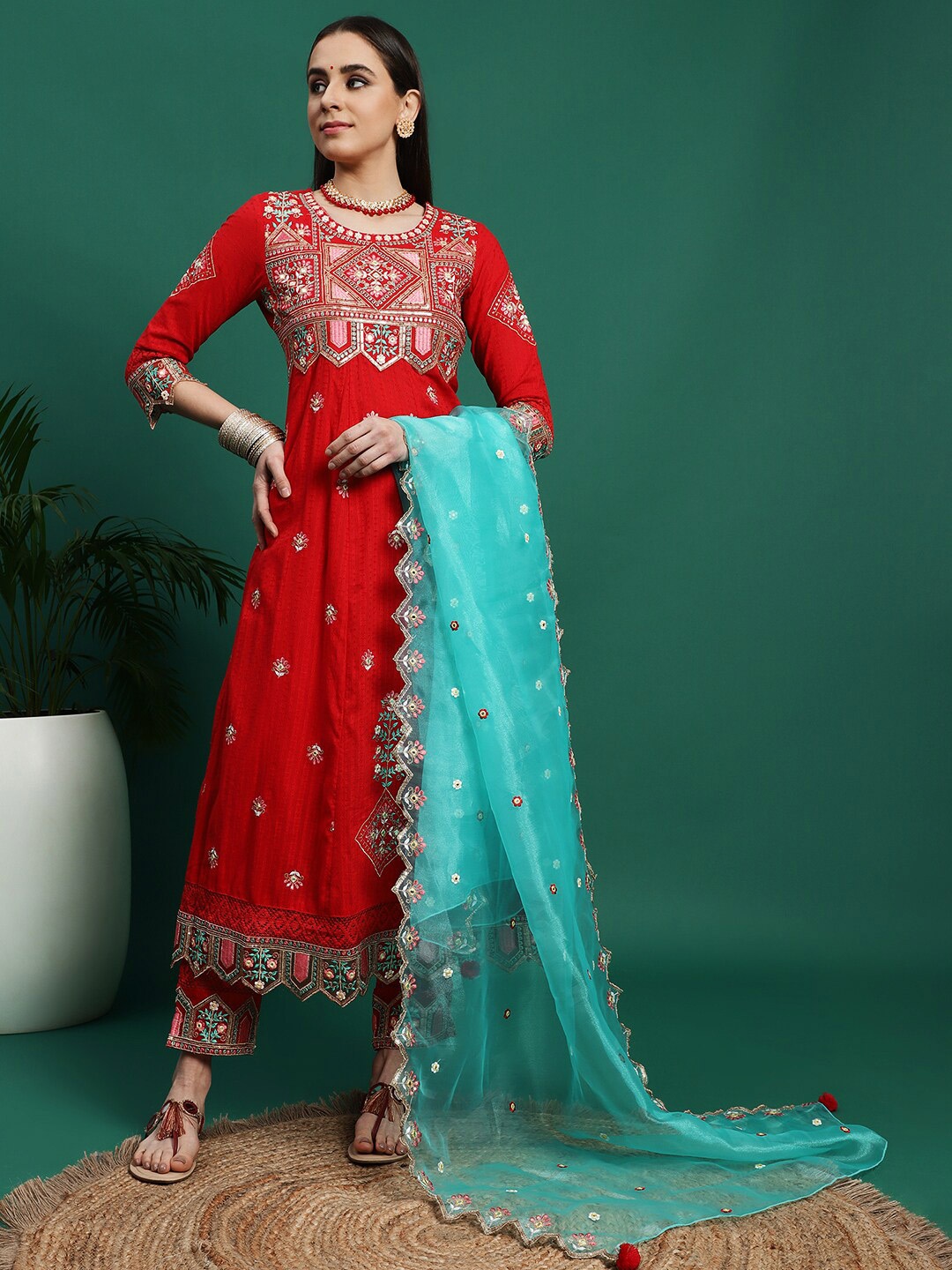 

Sangria Embroidered Anarkali Kurta Trousers With Dupatta, Red