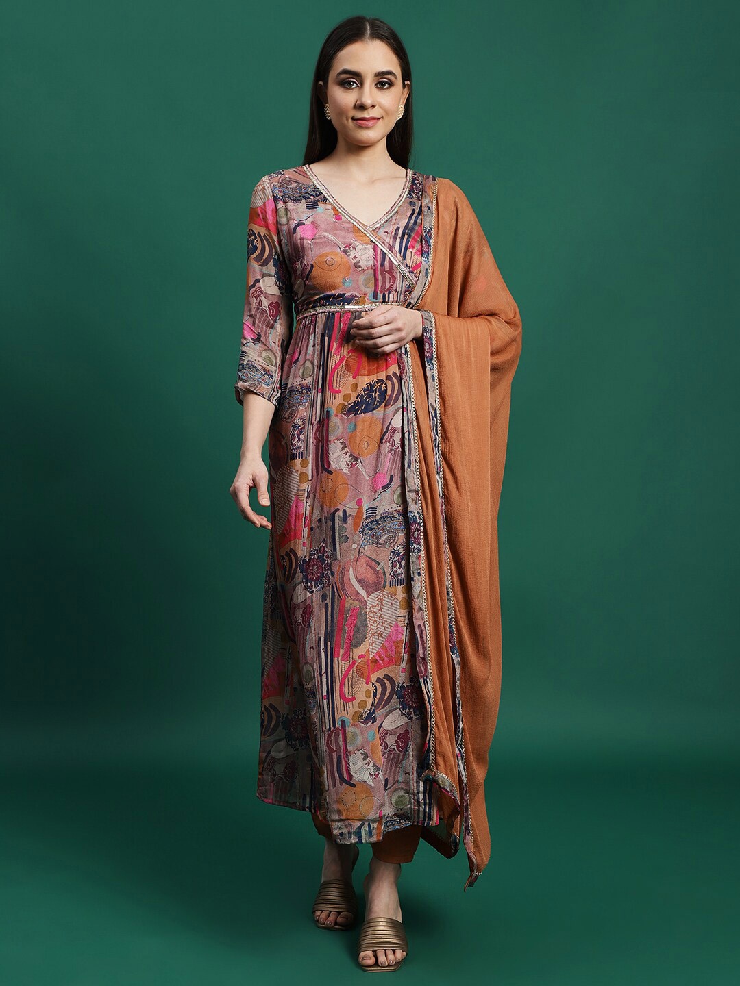 

Sangria Rust Orange Floral Printed Sequinned Angrakha Kurta With Trousers & Dupatta