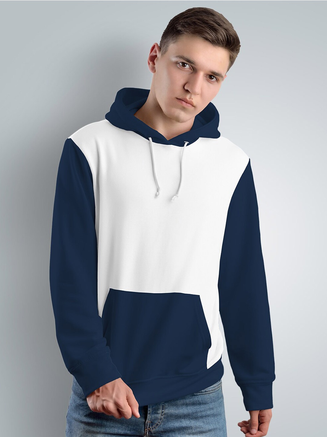 

Crazymonk Colourblocked Cotton Hooded Sweatshirt, Navy blue