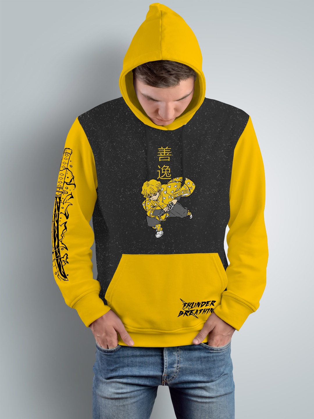 

Crazymonk Zenitsu Agatsuma Printed Cotton Hood Pullover Sweatshirt, Yellow