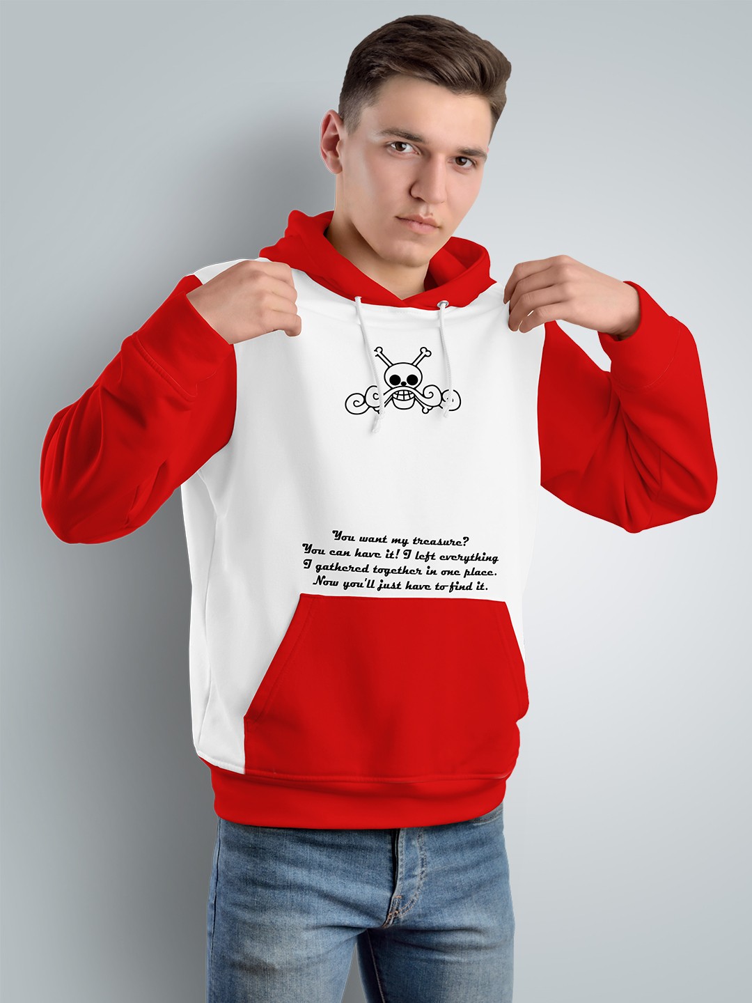 

Crazymonk Pirate King Gold D. Roger Printed Cotton Hood Pullover Sweatshirt, Red
