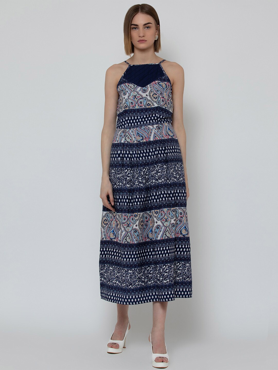 

DODO & MOA Navy Blue Ethnic Motifs Print Shoulder Straps Fit & Flare Midi Dress