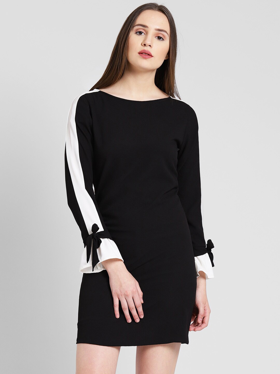 

DODO & MOA Boat Neck Long Sleeves Georgette Sheath Dress, Black