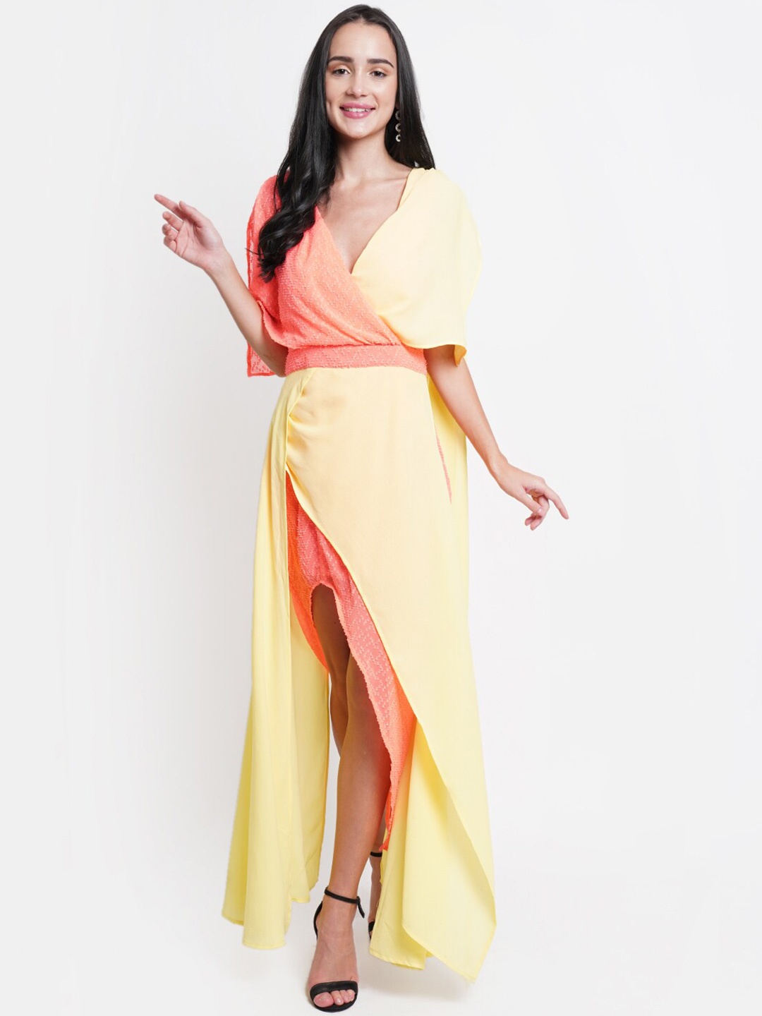 

DODO & MOA Colourblocked V Neck Short Sleeves Crepe Maxi Dress, Yellow