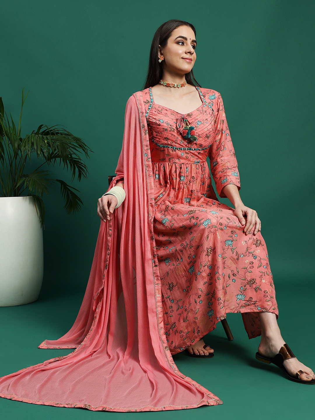 

Ramas Floral Printed Empire Mirror Work Kurta With Trousers & Dupatta, Peach