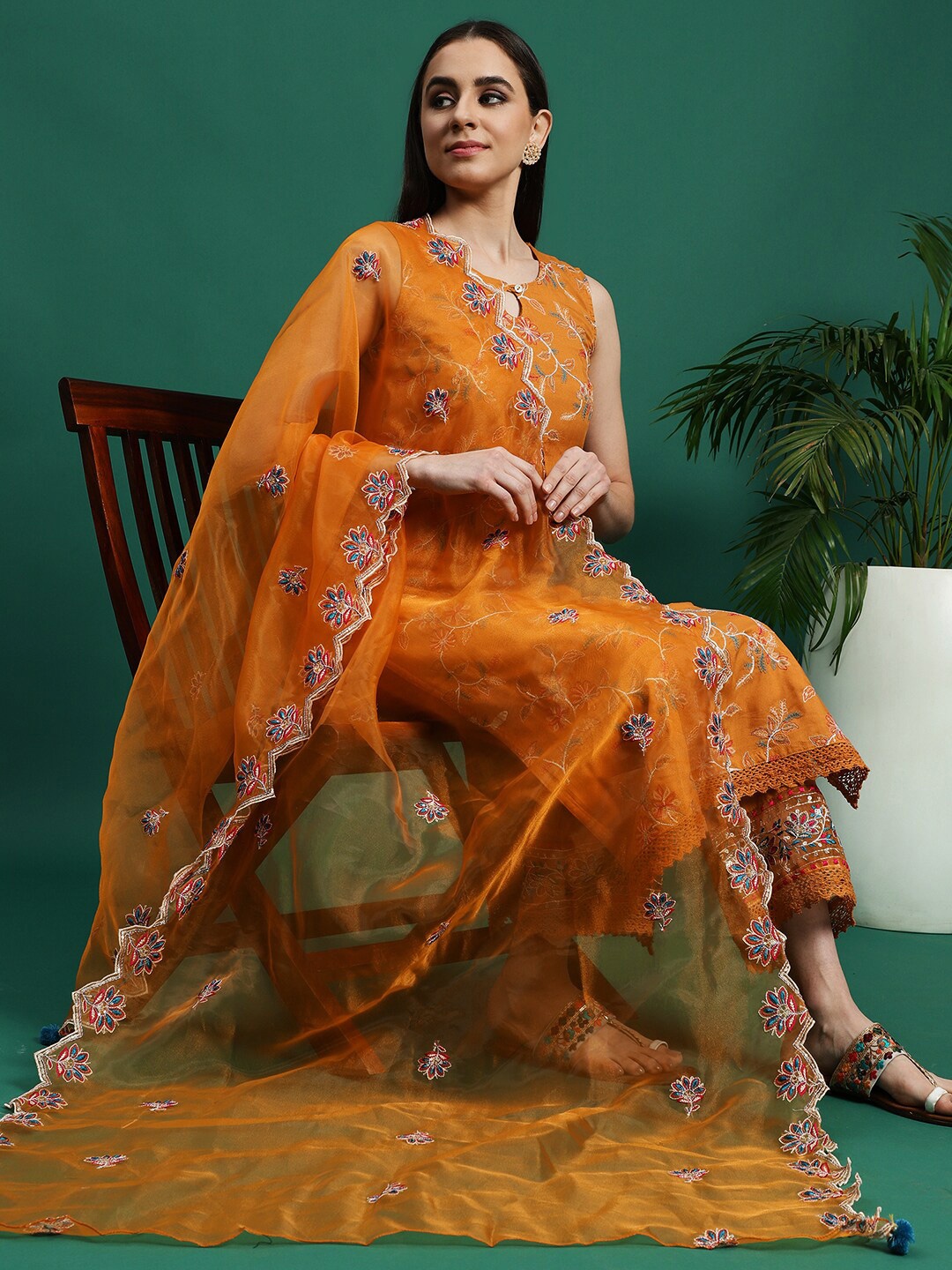 

Ramas Floral Embroidered Keyhole Neck Straight Kurta & Trousers With Dupatta, Mustard