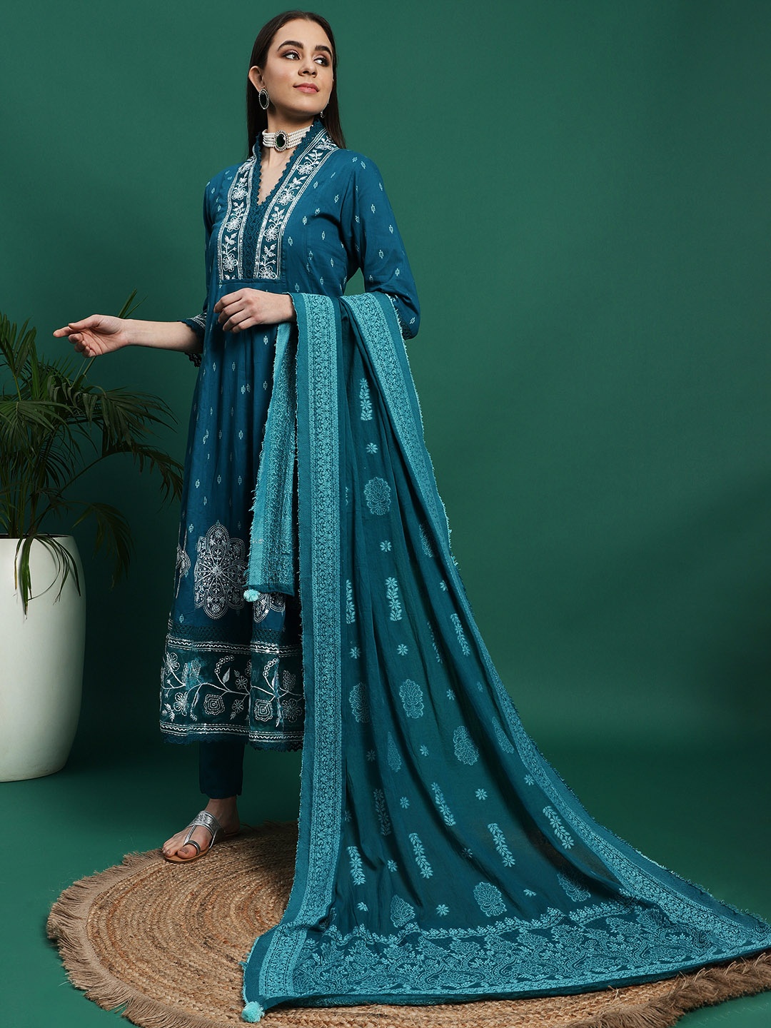 

Ramas Floral Embroidered Empire Thread Work Pure Cotton Kurta With Trousers & Dupatta, Teal