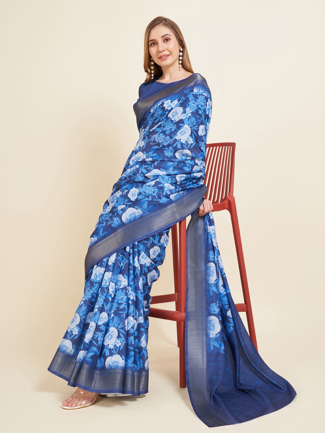 

WINKLECART Floral Zari Silk Block Print Saree, Blue