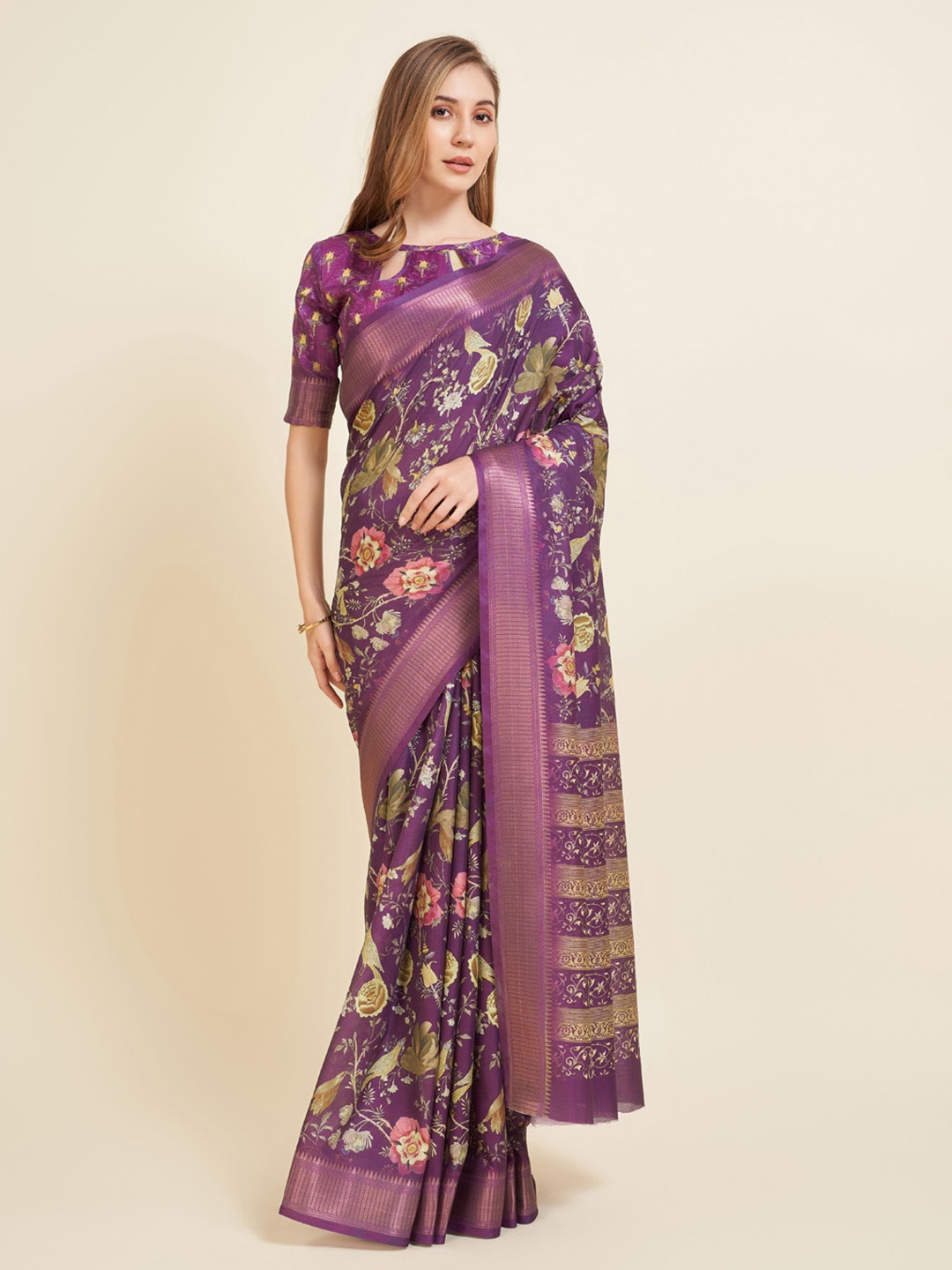 

WINKLECART Floral Zari Silk Block Print Saree, Purple