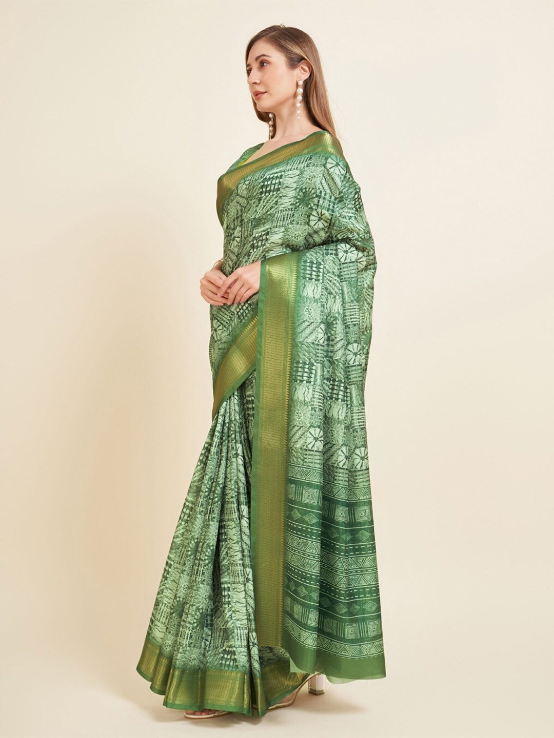 

WINKLECART Ethnic Motifs Block Printed Zari Saree, Green